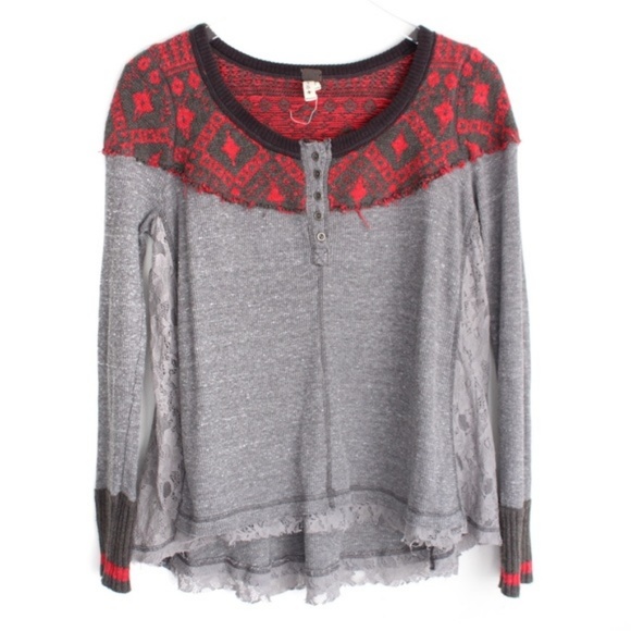 Free People Tops - We The Free Small Grey Red Trapeze Thermal Top